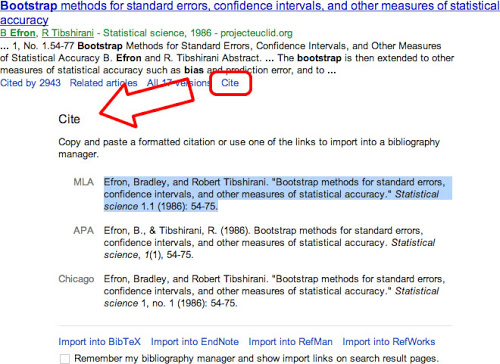 Using Cite link in Google Scholar results
